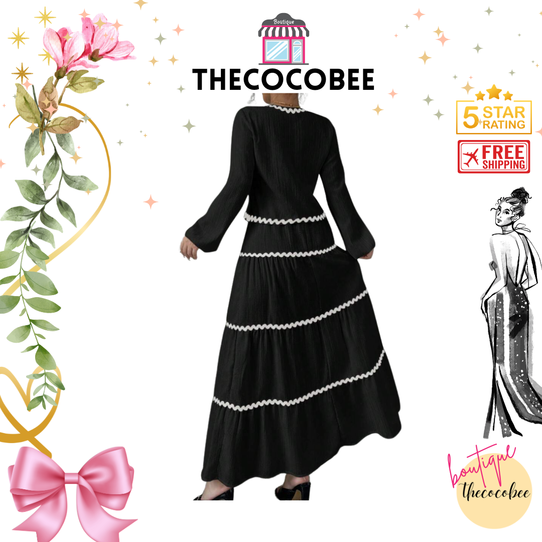 #002 2pc Elegant French Lantern Bow Dress Set in Black