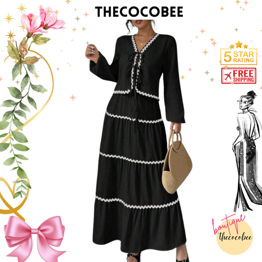 #002 2pc Elegant French Lantern Bow Dress Set in Black