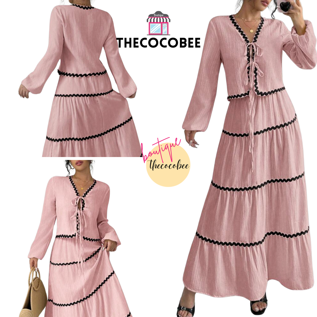 #002 2pc Elegant French Lantern Bow Dress Set in Light Pink