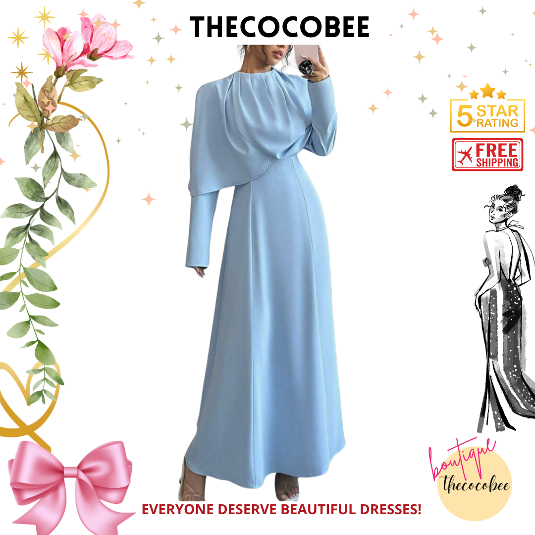 #007 Elegant Solid Pleated Cinched Waist Maxi Dress Outfit in Blue