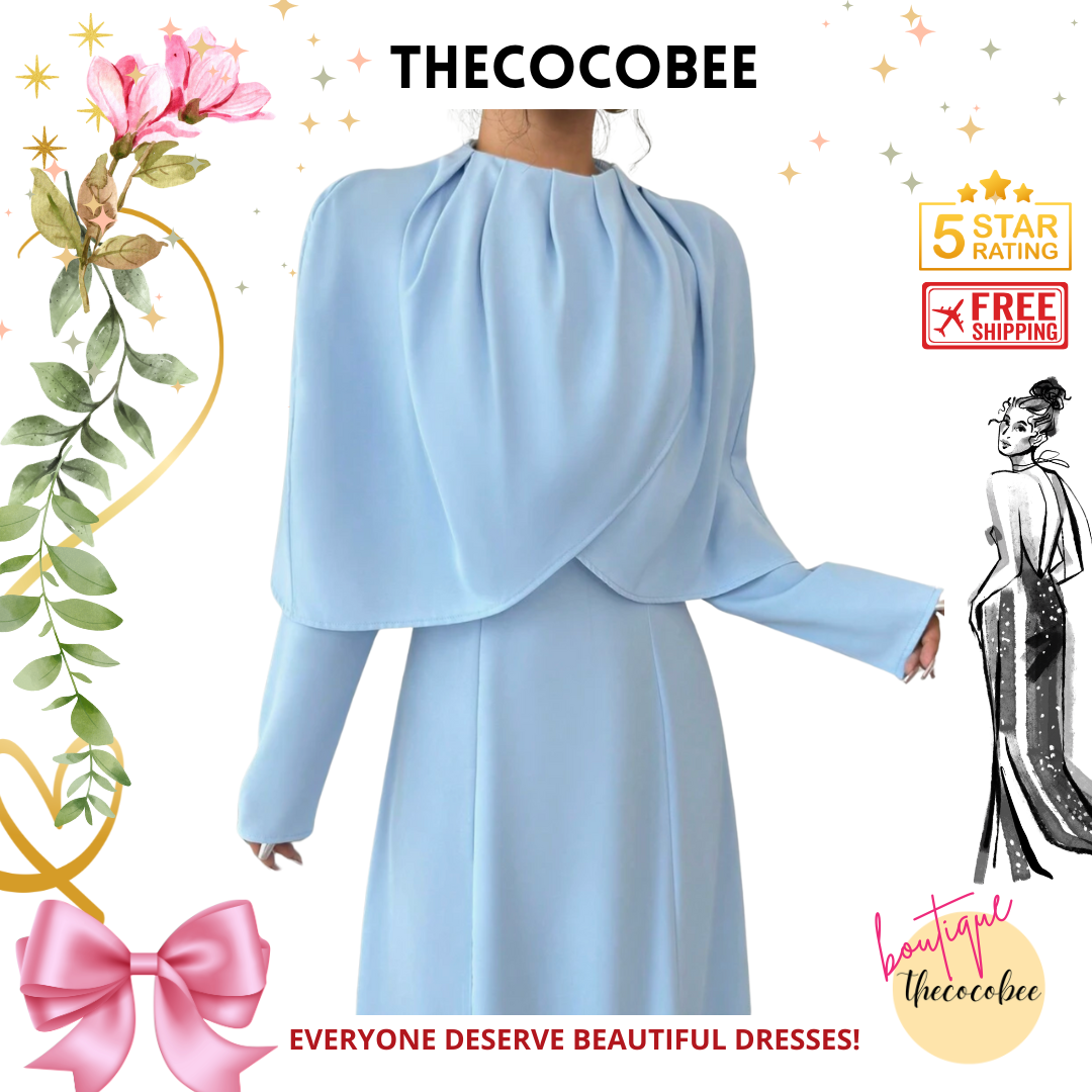#007 Elegant Solid Pleated Cinched Waist Maxi Dress Outfit in Blue
