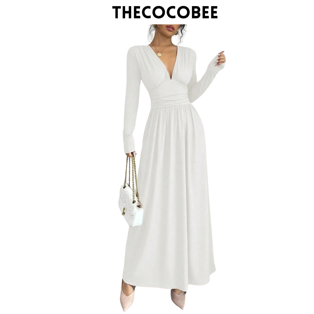 #110 White Casual Long Dress, Deep V-Neck, Raglan Long Sleeve, Front Panel Patchwork, Crinkled, A-Line, Lotus Root Pink Textured Fabric, Autumn/Winter Maxi Women Outfit
