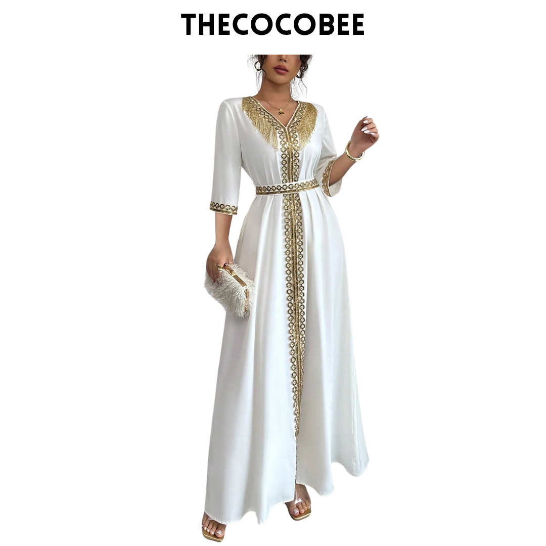 #127 Beige Elegant Sequin Patchwork Tassel Decor Dress