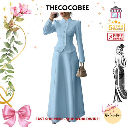 #001 2pcs/Set Women Elegant Patchwork Tassels Coat & Dress Blue