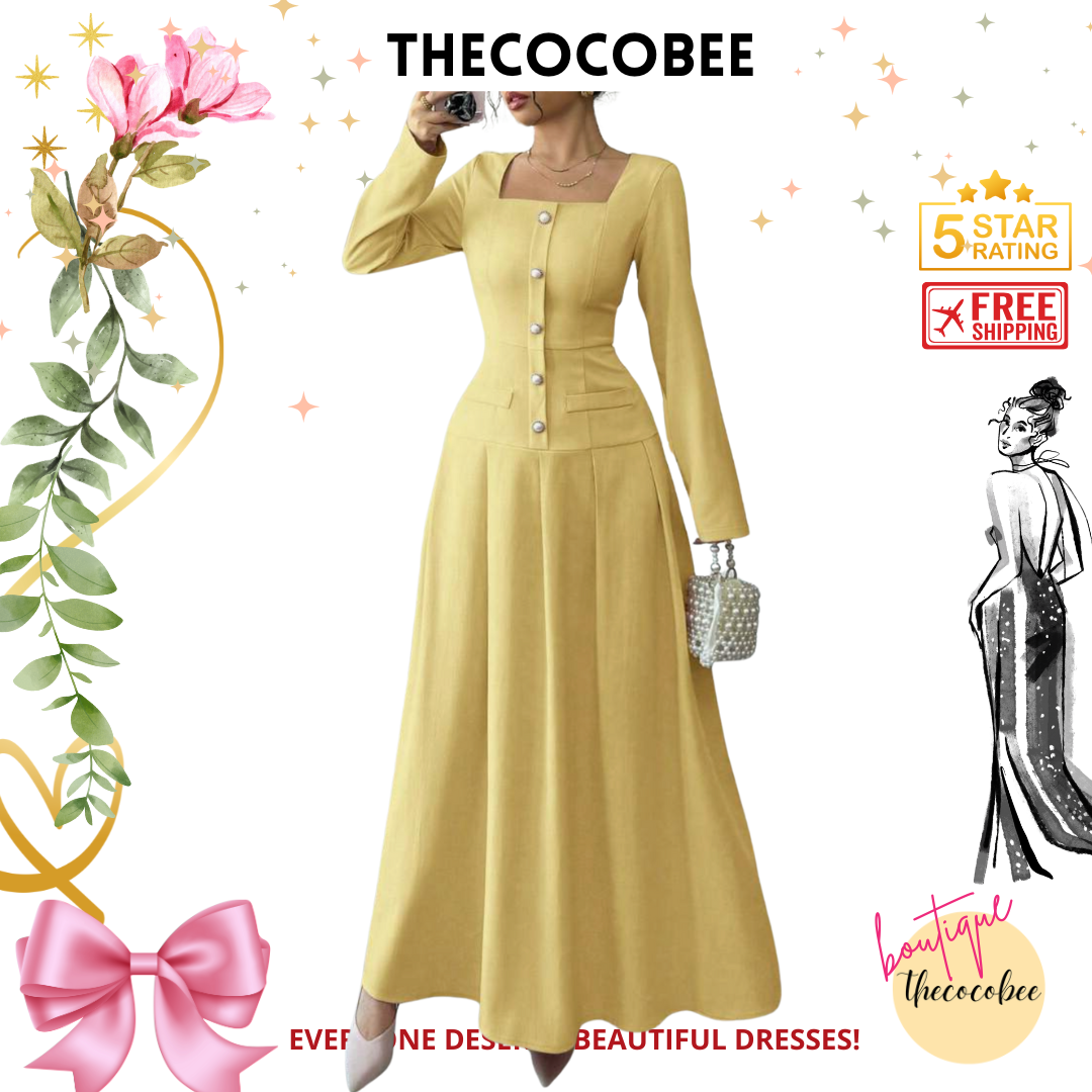 #005 Square Neck Long Sleeve Pleated Waist Dress in Yellow