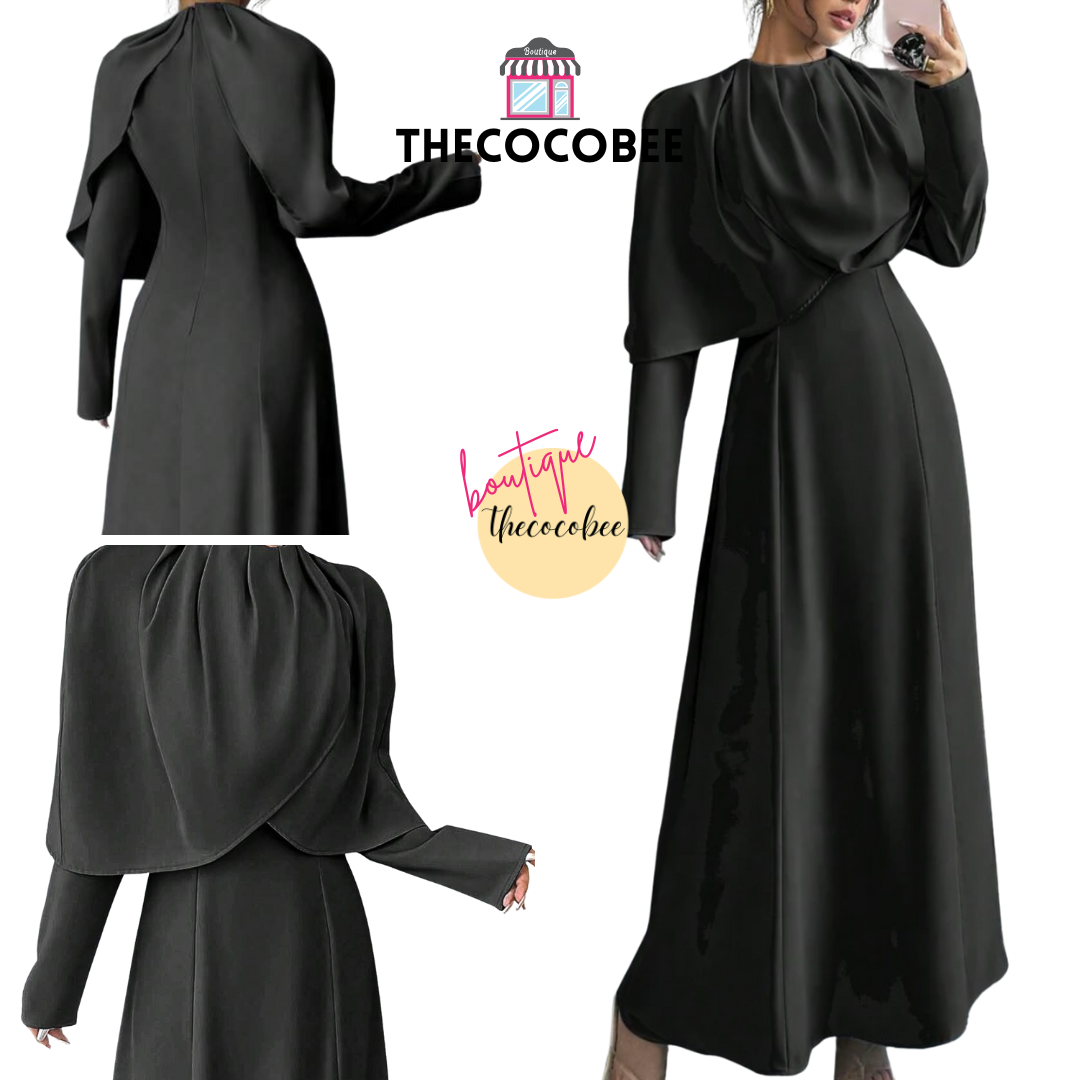 #007 Elegant Solid Pleated Cinched Waist Maxi Dress Outfit in Black