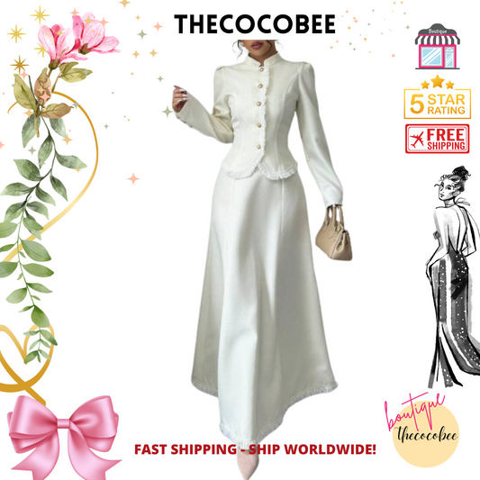 #001 2pcs/Set Women Elegant Patchwork Tassels Coat & Dress White