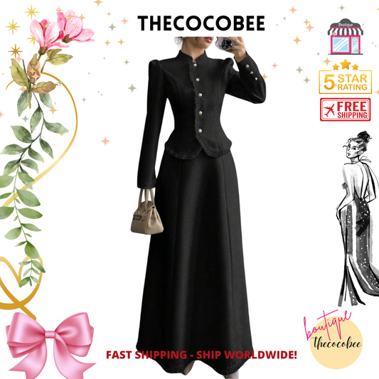 #001 2pcs/Set Women Elegant Patchwork Tassels Coat & Dress Black