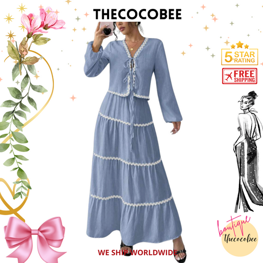 #002 2pc Elegant French Lantern Bow Dress Set in Blue