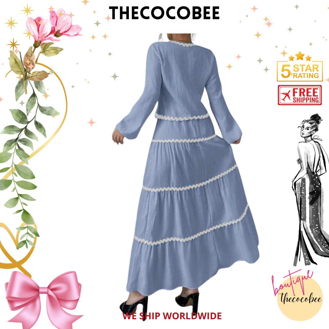 #002 2pc Elegant French Lantern Bow Dress Set in Blue