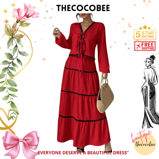 #002 2pc Elegant French Lantern Bow Dress Set in Red