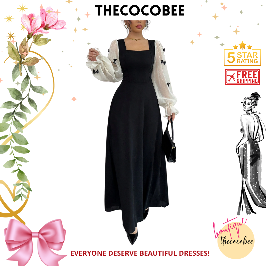 #100 Black Mixed Fabric Bowknot Decor 3D Floral Cinched Waist Woven Dress