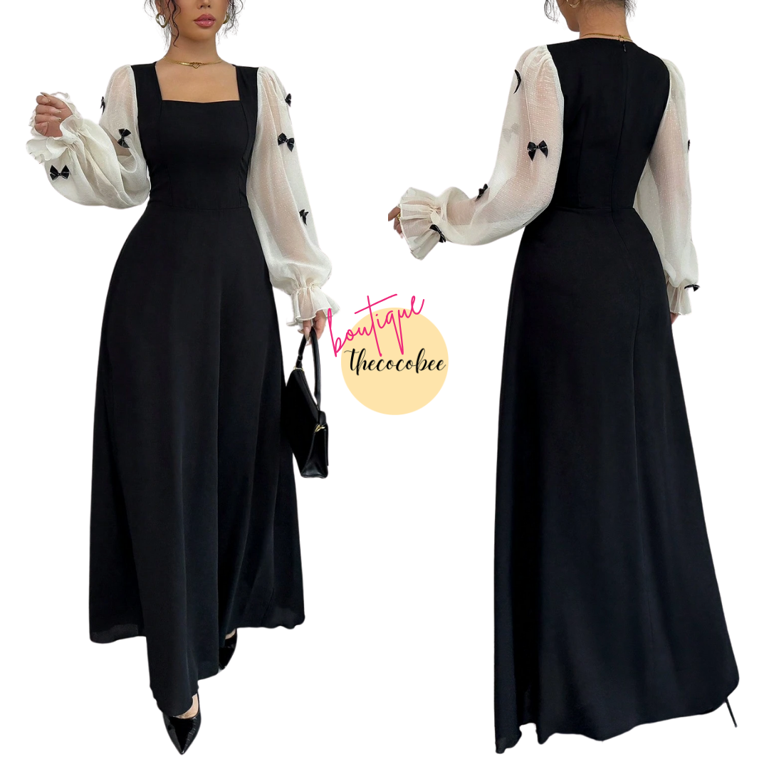 #100 Black Mixed Fabric Bowknot Decor 3D Floral Cinched Waist Woven Dress