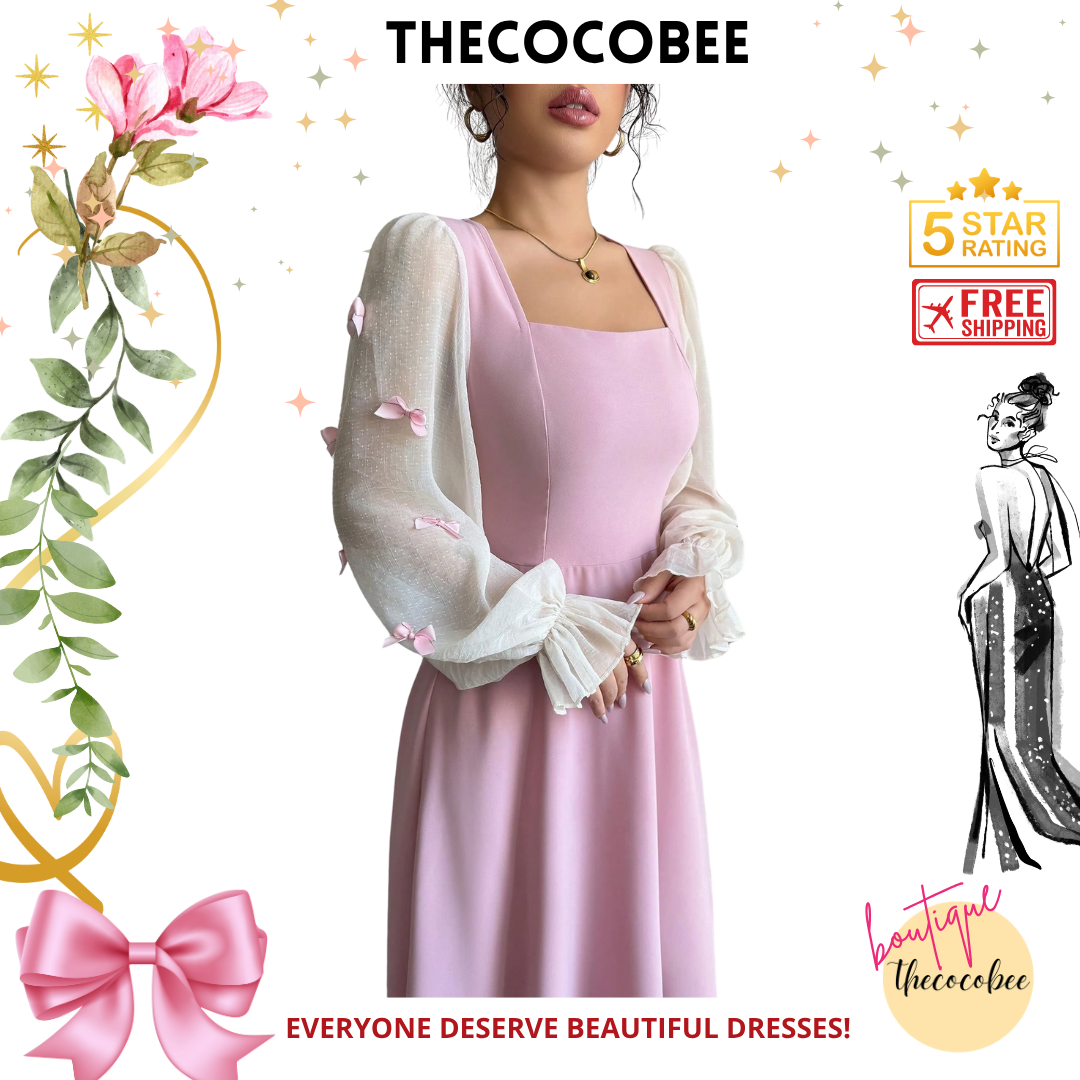#100 Pink Woven Patchwork Bowknot 3D Floral Waist Fitted Dress
