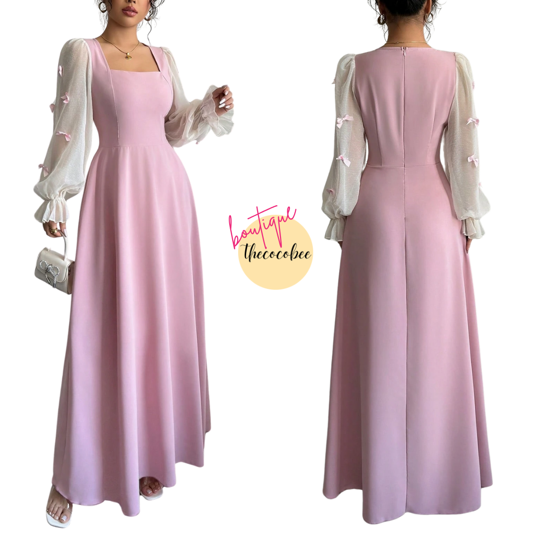 #100 Pink Woven Patchwork Bowknot 3D Floral Waist Fitted Dress