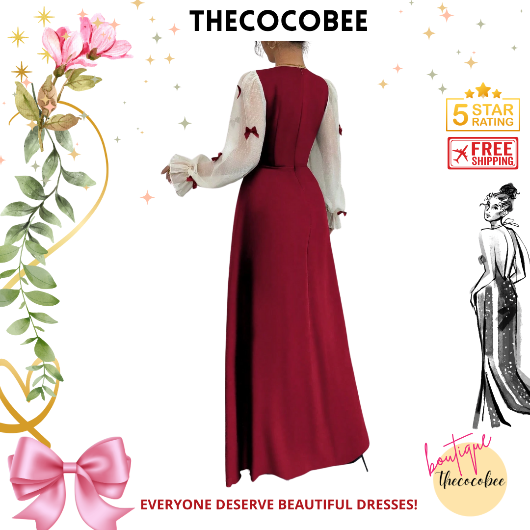 #100 Red Multi-Fabric Patchwork Bowknot 3D Floral Cinched Waist Midi Dress
