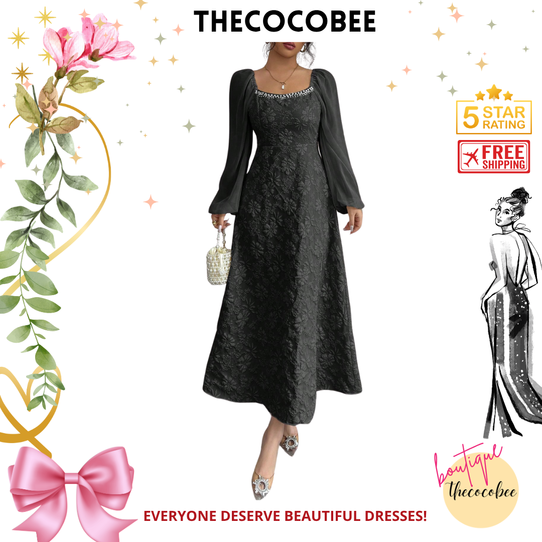 #101 Black Jacquard Woven Chiffon Puff Sleeve Flare Hem Dress