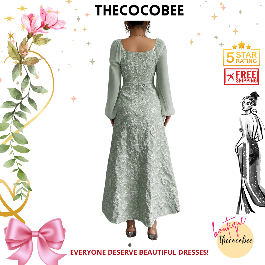 #101 Green Jacquard Weave Patchwork Chiffon Bubble Puff Sleeve A-Line Dress