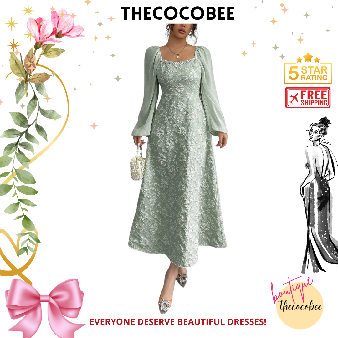 #101 Green Jacquard Weave Patchwork Chiffon Bubble Puff Sleeve A-Line Dress