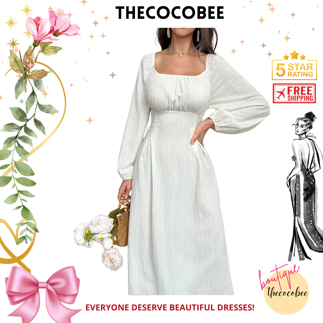 #102 Apricot Fashionable Square Neck Solid Color Waist-Cinching Long Sleeve Dress Maxi Women Outfit Long Evening Dresses