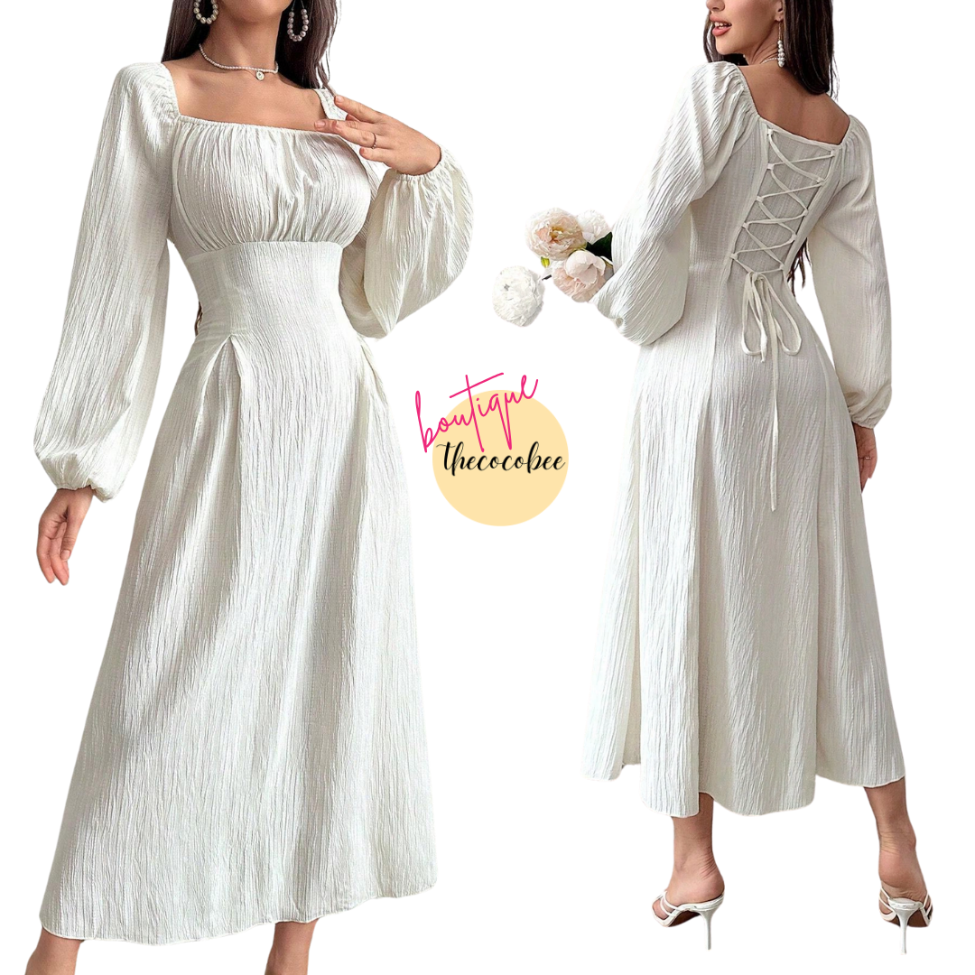 #102 Apricot Fashionable Square Neck Solid Color Waist-Cinching Long Sleeve Dress Maxi Women Outfit Long Evening Dresses