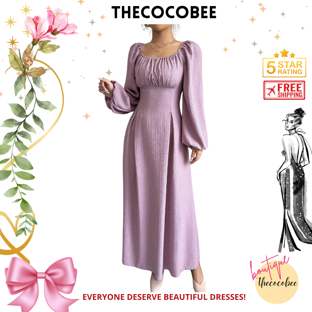 #102 Dusty Purple Elegant Long Dress With Square Neck, Lantern Sleeves, Pleats, And Back Tie, Solid Color, For Autumn Maxi Women Outfit Long Evening Dresses
