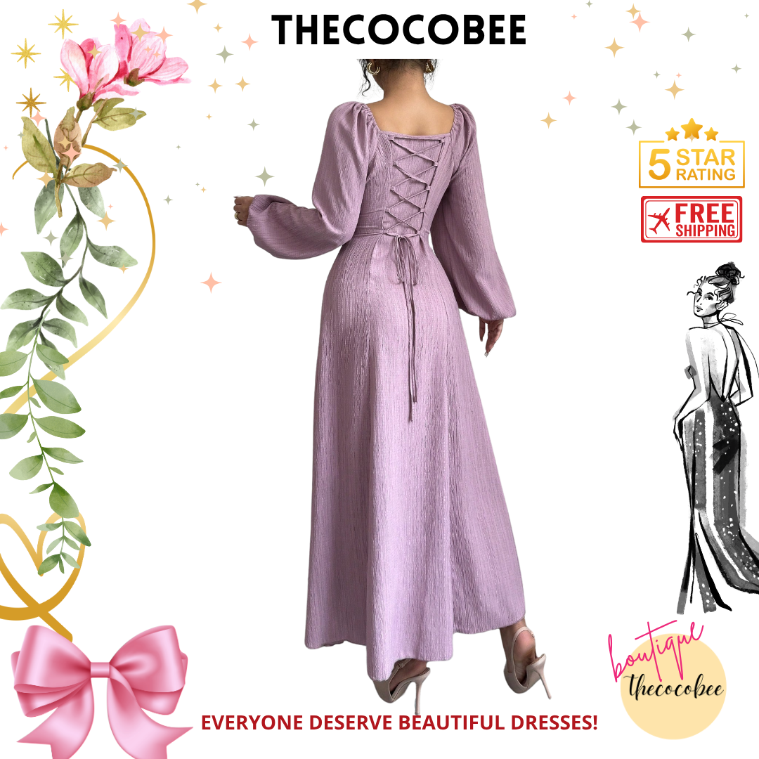 #102 Dusty Purple Elegant Long Dress With Square Neck, Lantern Sleeves, Pleats, And Back Tie, Solid Color, For Autumn Maxi Women Outfit Long Evening Dresses