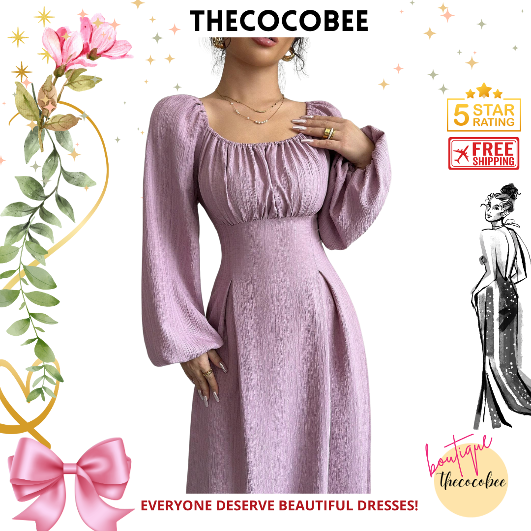 #102 Dusty Purple Elegant Long Dress With Square Neck, Lantern Sleeves, Pleats, And Back Tie, Solid Color, For Autumn Maxi Women Outfit Long Evening Dresses
