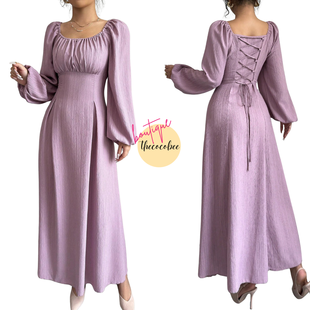 #102 Dusty Purple Elegant Long Dress With Square Neck, Lantern Sleeves, Pleats, And Back Tie, Solid Color, For Autumn Maxi Women Outfit Long Evening Dresses
