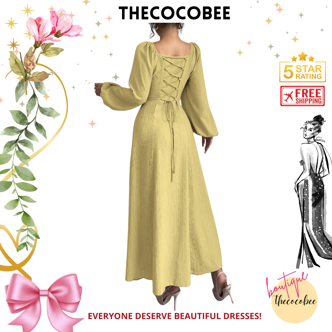 #102 Light Yellow Elegant Long Dress With Square Neck, Lantern Sleeves, Pleats, And Back Tie, Solid Color, For Autumn Maxi Women Outfit