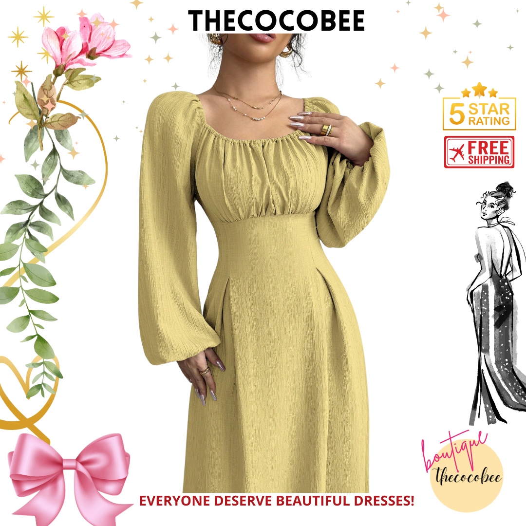 #102 Light Yellow Elegant Long Dress With Square Neck, Lantern Sleeves, Pleats, And Back Tie, Solid Color, For Autumn Maxi Women Outfit