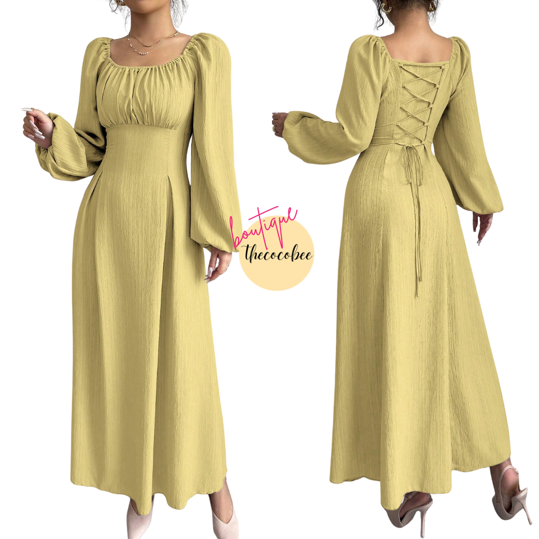 #102 Light Yellow Elegant Long Dress With Square Neck, Lantern Sleeves, Pleats, And Back Tie, Solid Color, For Autumn Maxi Women Outfit
