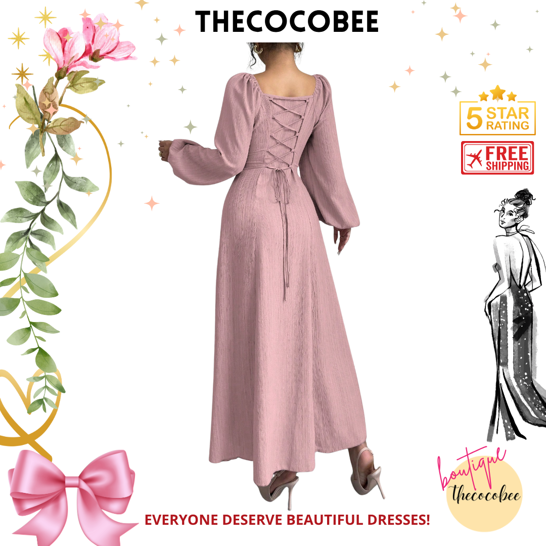 #102 Pink Elegant Long Dress With Square Neck, Lantern Sleeves, Pleats, And Back Tie, Solid Color, For Autumn Maxi Women Outfit