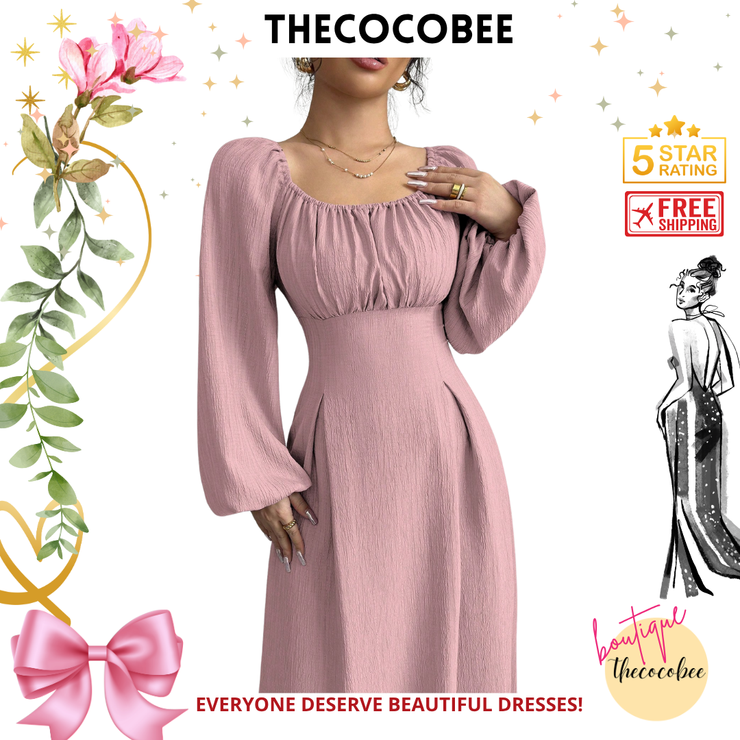 #102 Pink Elegant Long Dress With Square Neck, Lantern Sleeves, Pleats, And Back Tie, Solid Color, For Autumn Maxi Women Outfit