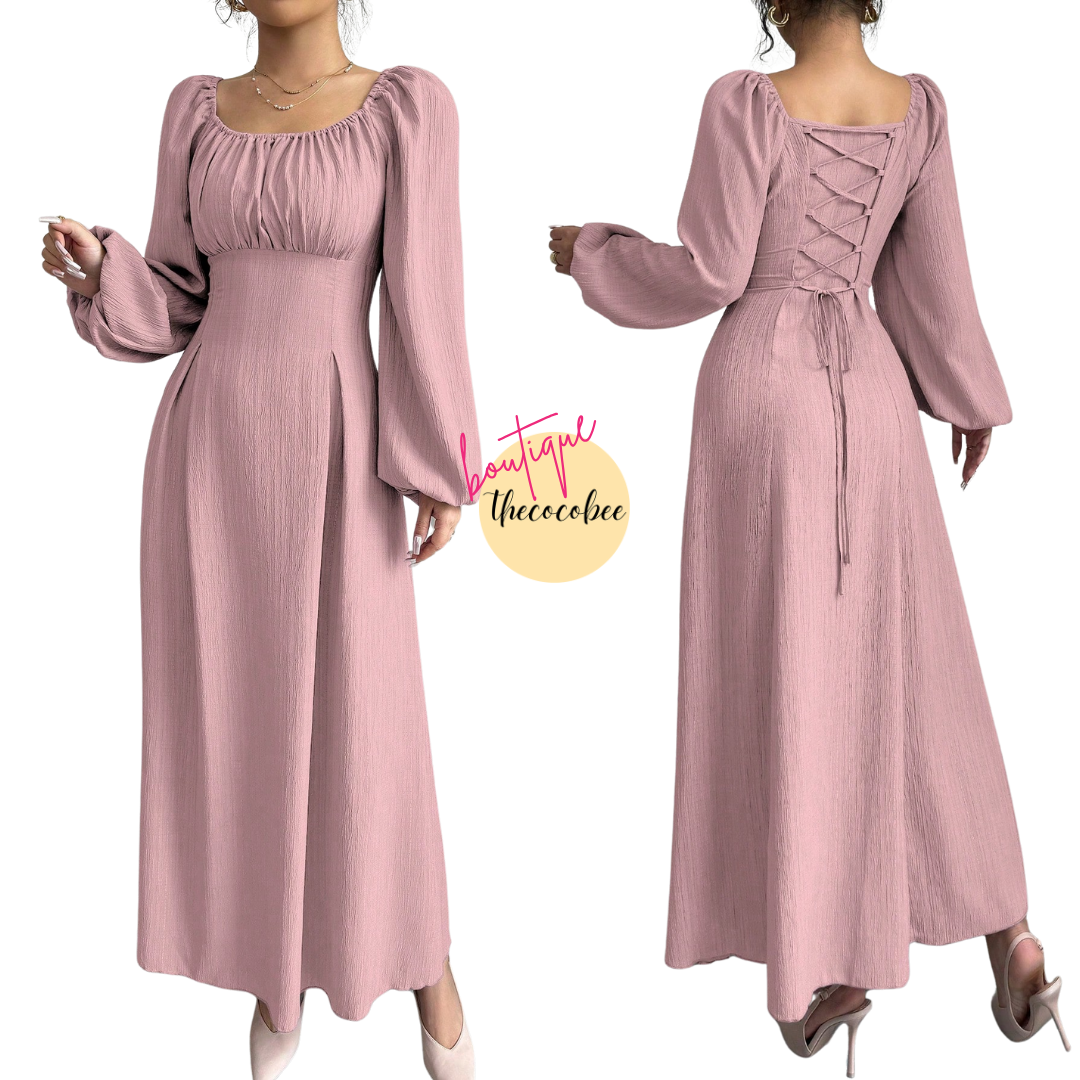 #102 Pink Elegant Long Dress With Square Neck, Lantern Sleeves, Pleats, And Back Tie, Solid Color, For Autumn Maxi Women Outfit