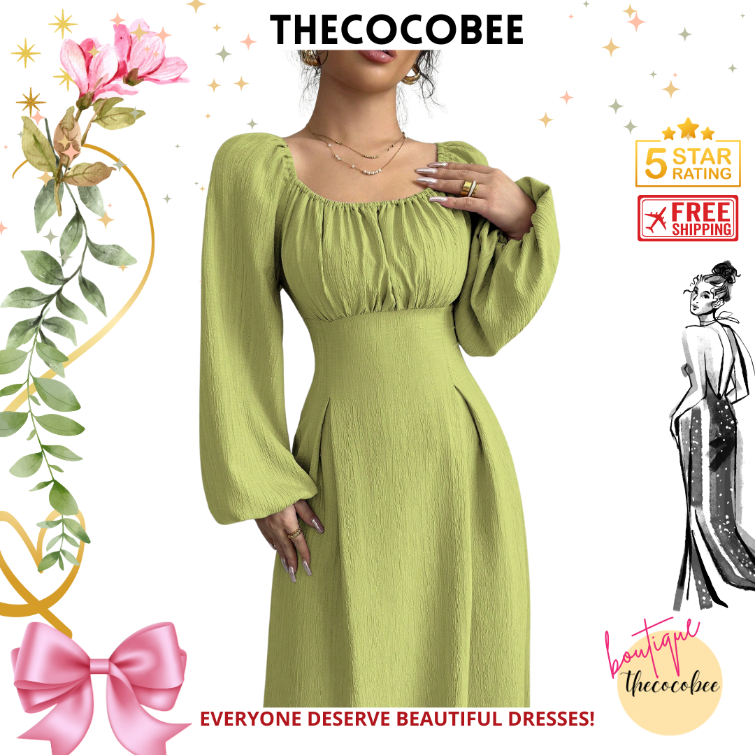 #102 Turquoise Elegant Long Dress With Square Neck, Lantern Sleeves, Pleats, And Back Tie, Solid Color, For Autumn Maxi Women Outfit