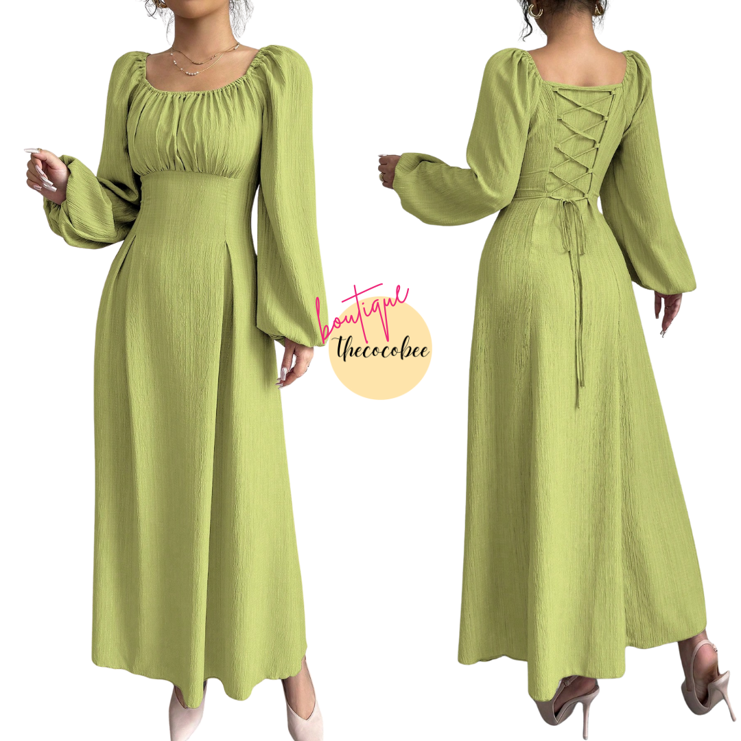 #102 Turquoise Elegant Long Dress With Square Neck, Lantern Sleeves, Pleats, And Back Tie, Solid Color, For Autumn Maxi Women Outfit