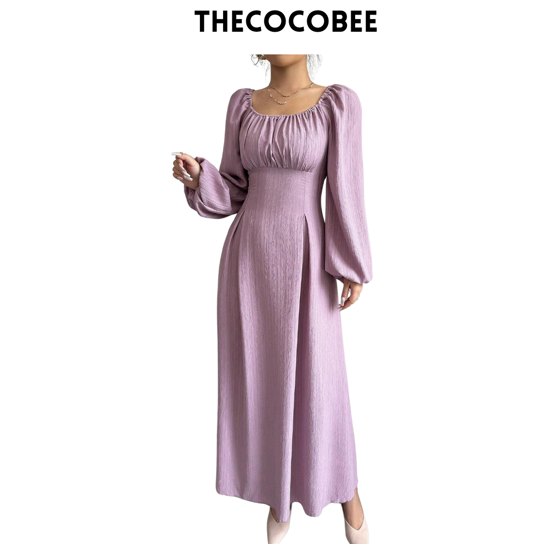 #102 Dusty Purple Elegant Long Dress With Square Neck, Lantern Sleeves, Pleats, And Back Tie, Solid Color, For Autumn Maxi Women Outfit Long Evening Dresses