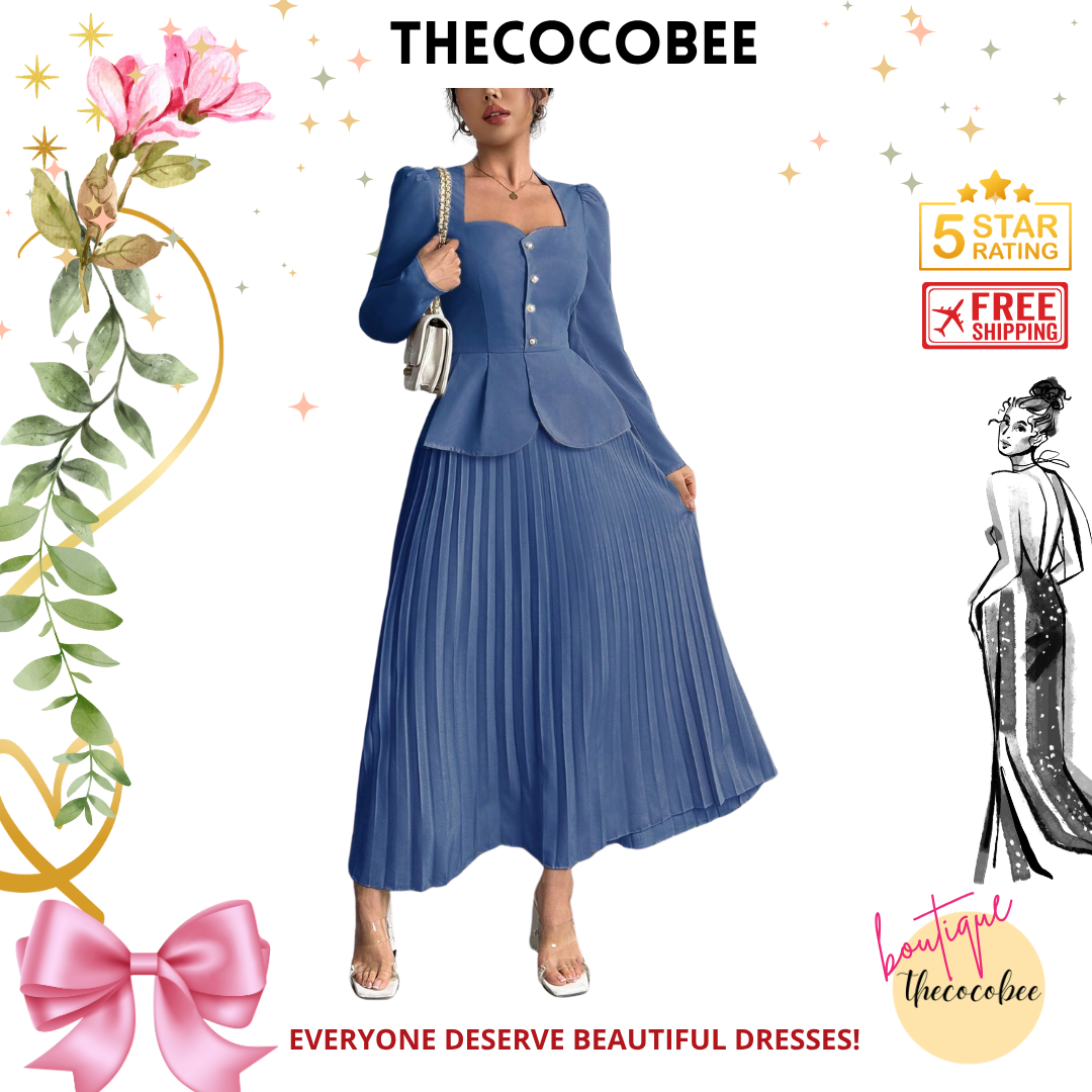 #103 Baby Blue Fashion Pleated Butterfly Decor Long Dress For Women Maxi Women Outfit