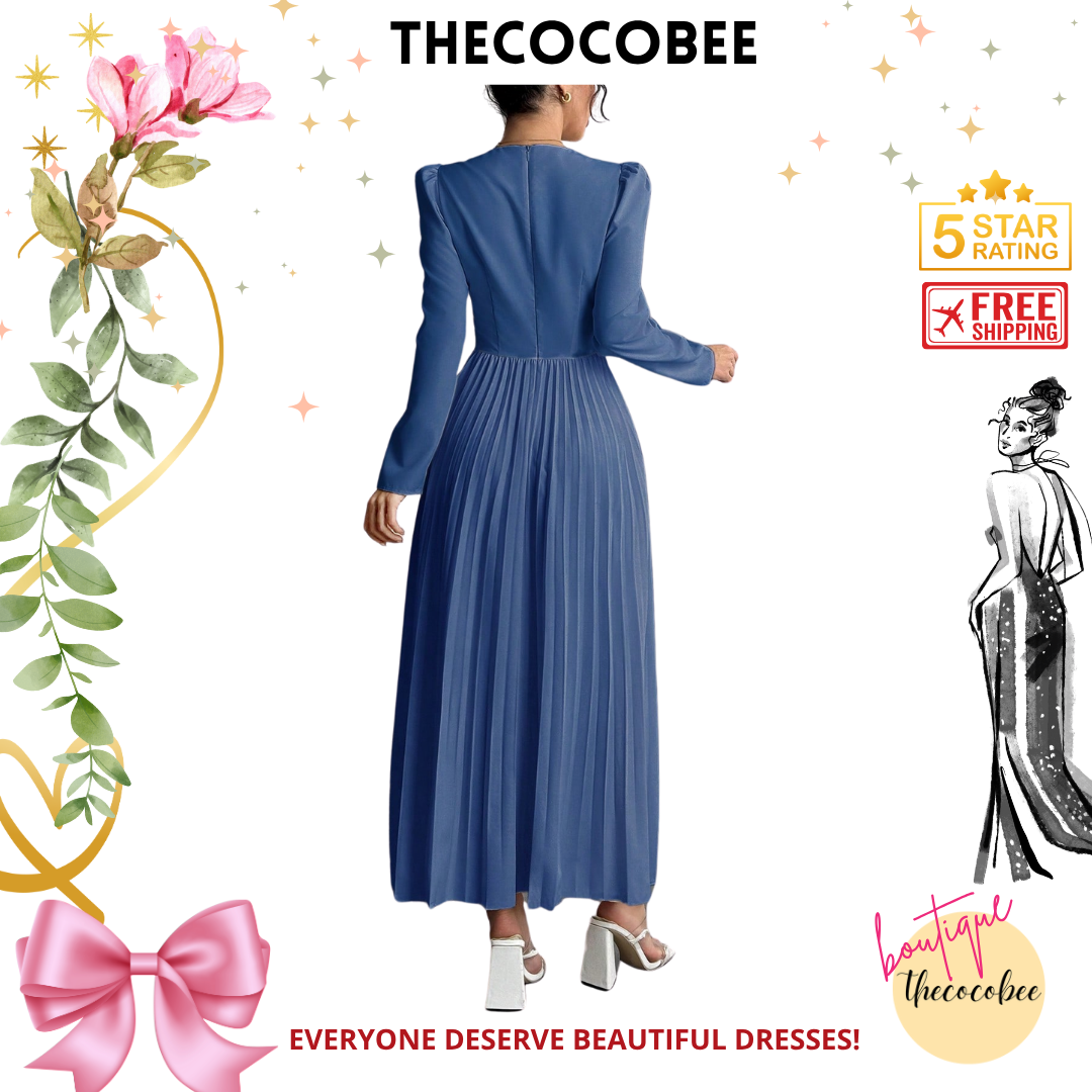 #103 Baby Blue Fashion Pleated Butterfly Decor Long Dress For Women Maxi Women Outfit