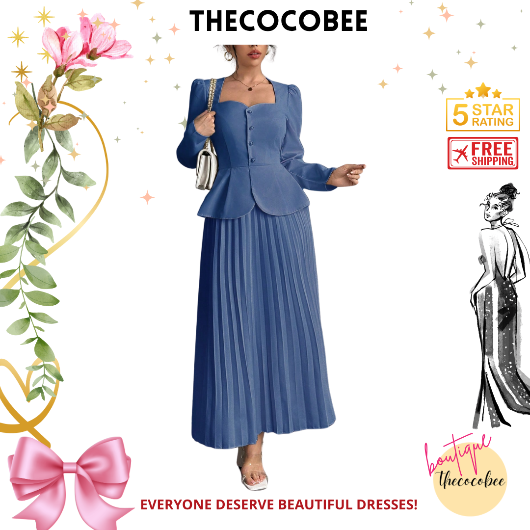 #103 Baby Blue Fashion Pleated Butterfly Decor Long Dress For Women Maxi Women Outfit