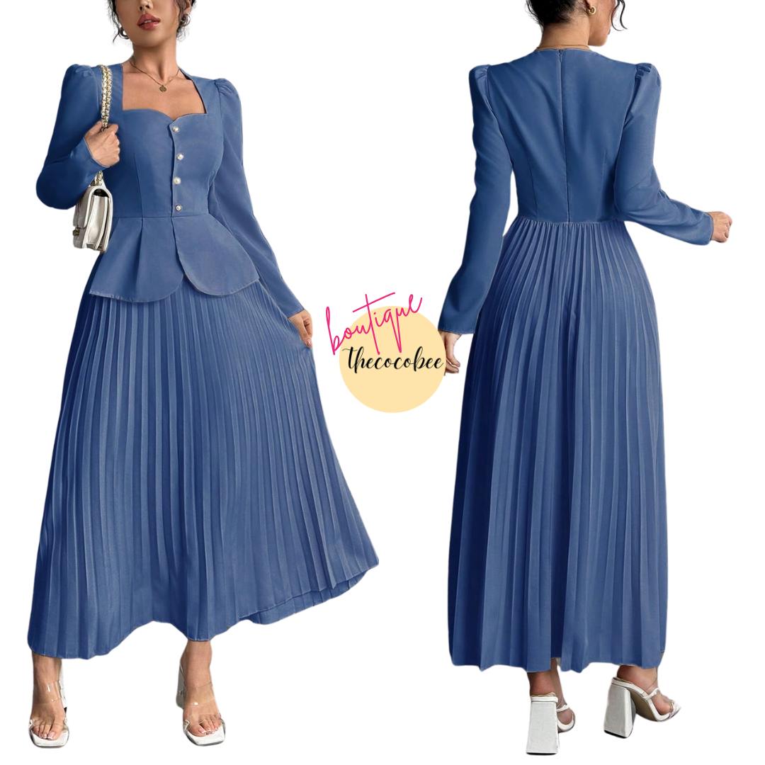#103 Baby Blue Fashion Pleated Butterfly Decor Long Dress For Women Maxi Women Outfit