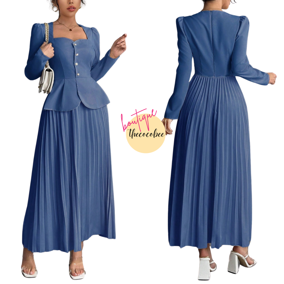 #103 Blue Elegant Fashion Pleated Butterfly Decor Long Dress For Women Maxi Women Outfit