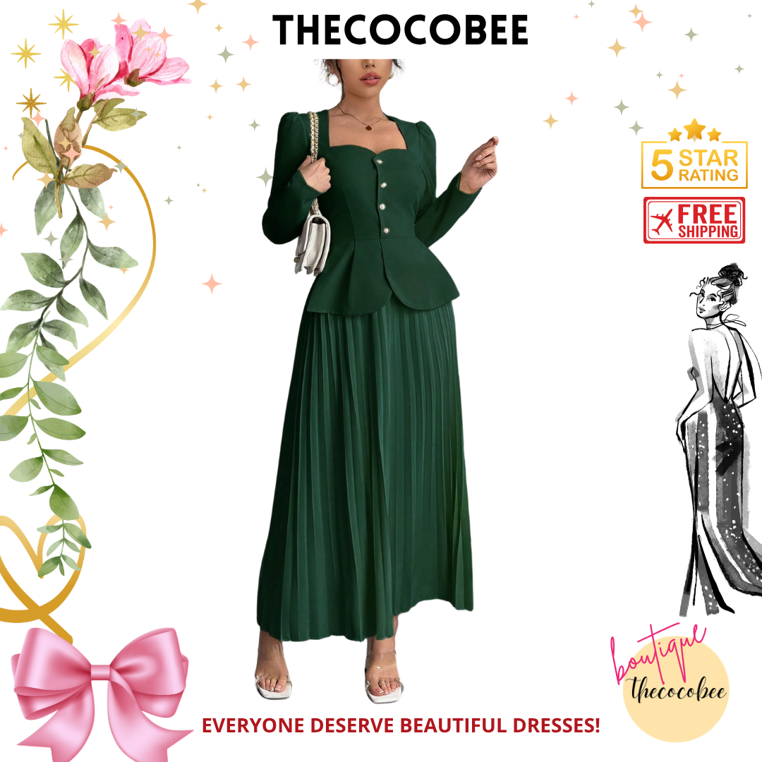 #103 Dark Green Elegant Fashion Pleated Butterfly Decor Long Dress For Women Maxi Women Outfit