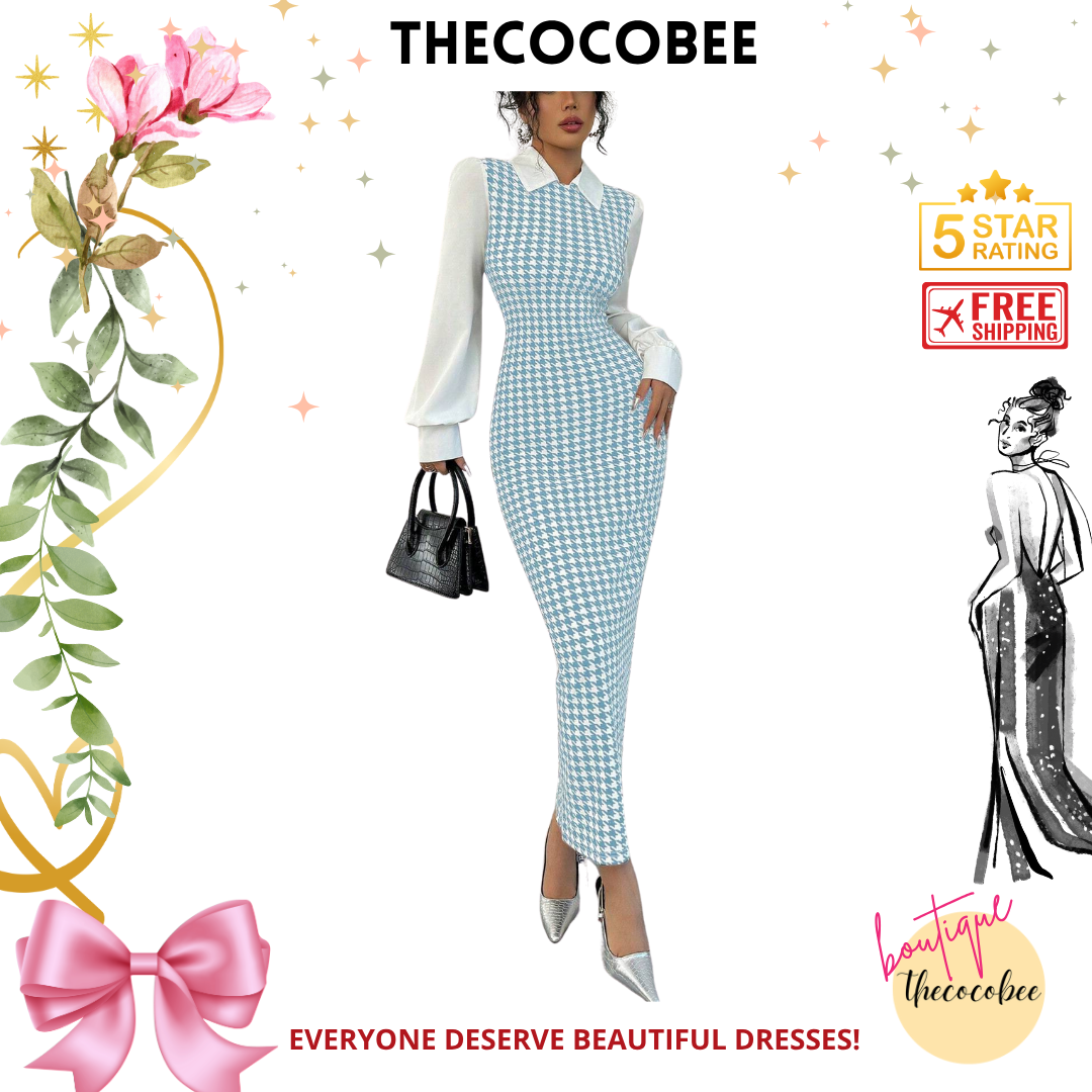 #104 Baby Blue Stylish Simple Elegant Fitted Long Splice Puff Sleeve Shirt Collar Houndstooth Pattern Fabric Women Long Dress For Autumn/Winter Maxi Women Outfit