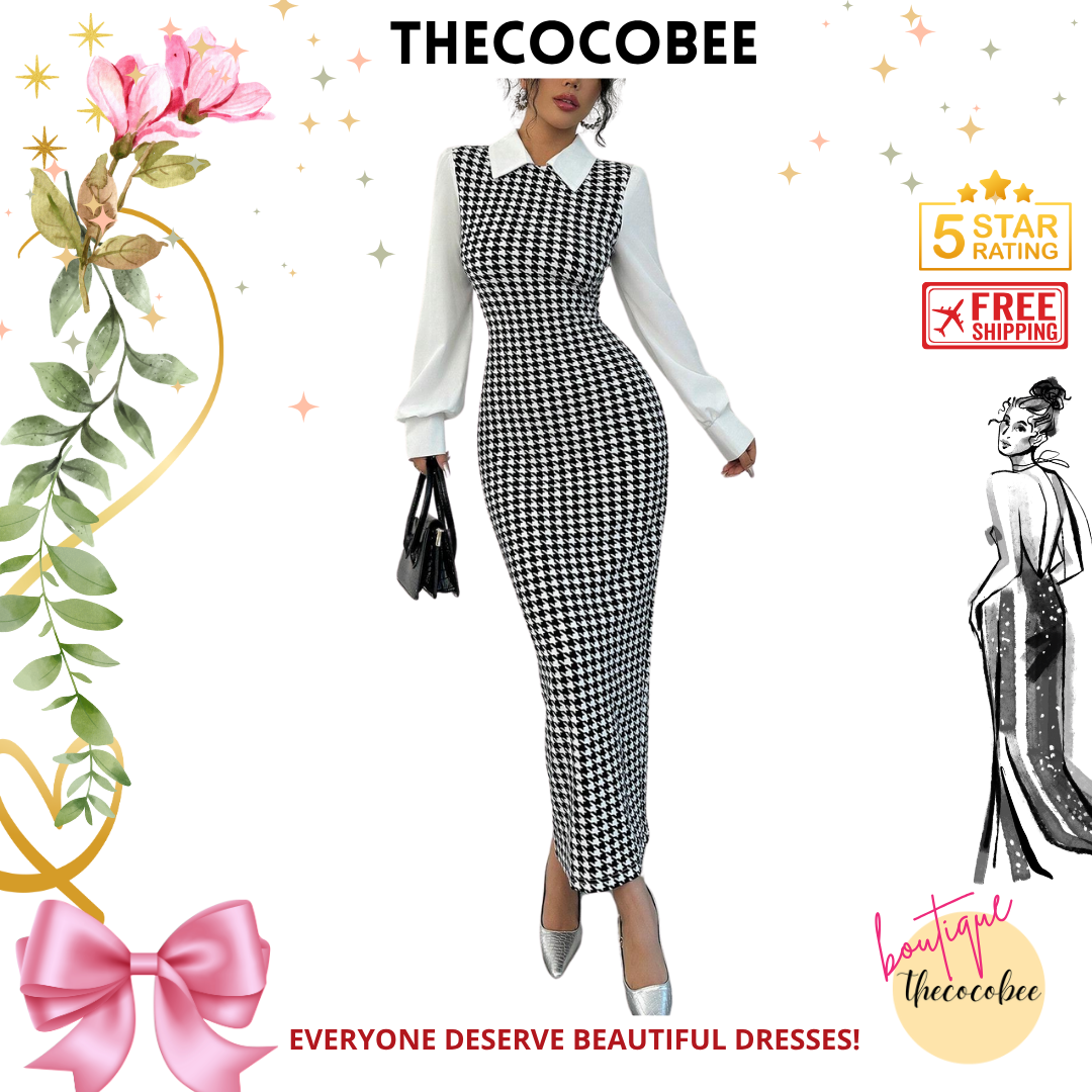 #104 Black Elegant Slim Long Patchwork Puff Sleeve Collar Houndstooth Pattern Fabric Women's Long Dress, Autumn/Winter Maxi Women Outfit