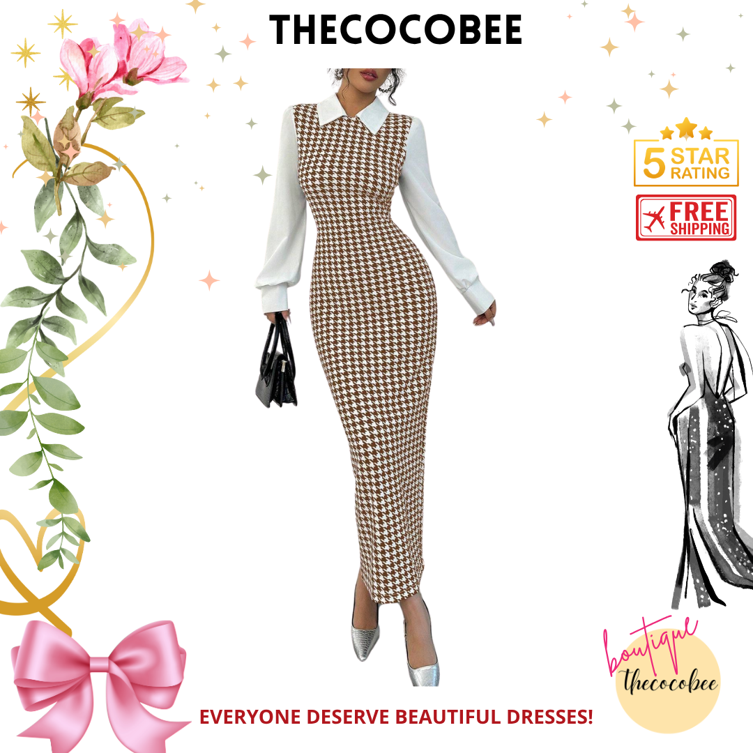 #104 Coffee Brown Elegant Slim Fit Long Patchwork Puff Sleeve Houndstooth Shirt Collar Midi Dress For Women, Autumn/Winter Maxi Women Outfit