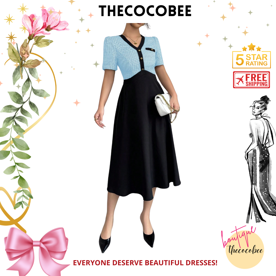 #105 Blue Black And Tweed Patchwork Waisted A-Line Short Sleeve Midi Dress, Elegant Women's Dress