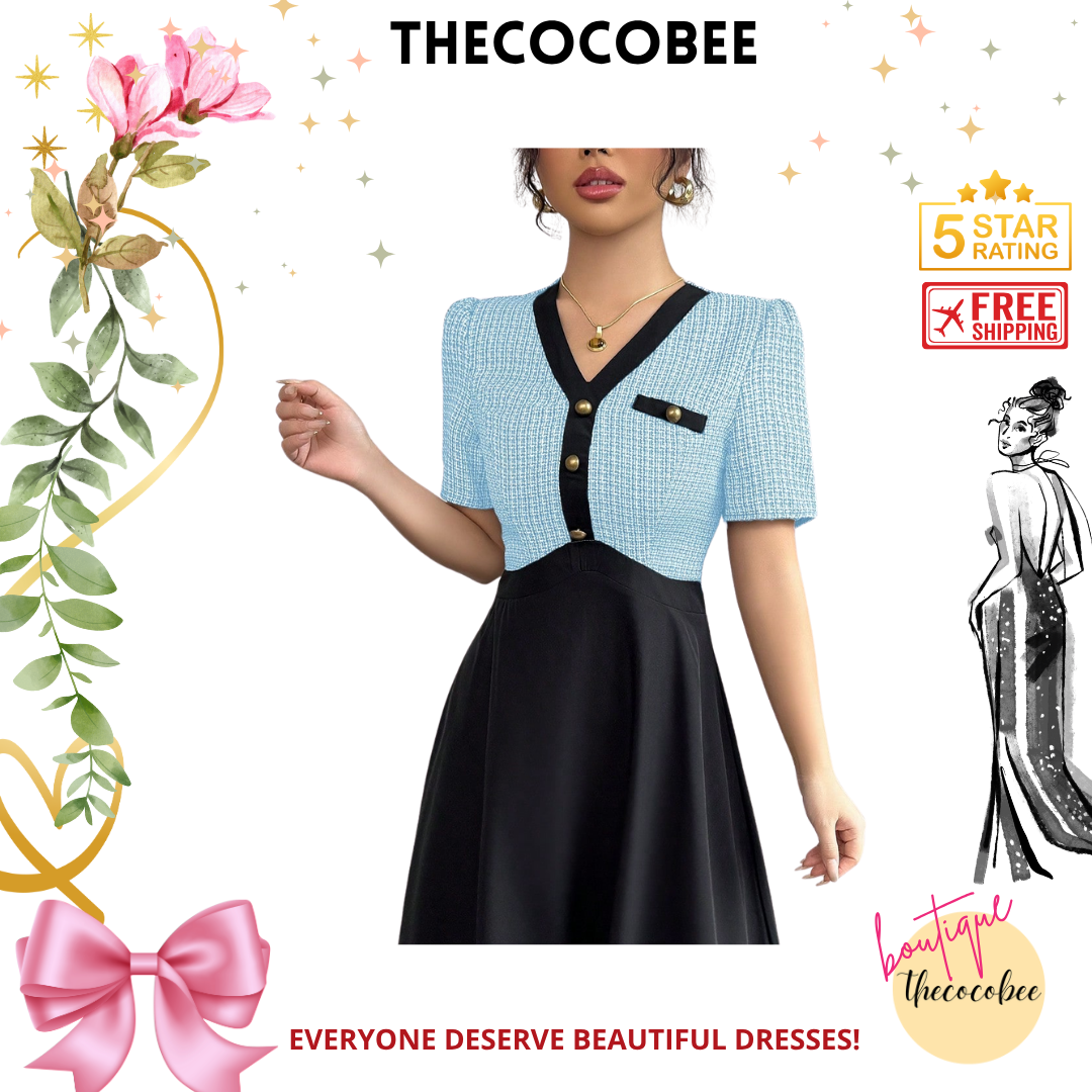 #105 Blue Black And Tweed Patchwork Waisted A-Line Short Sleeve Midi Dress, Elegant Women's Dress