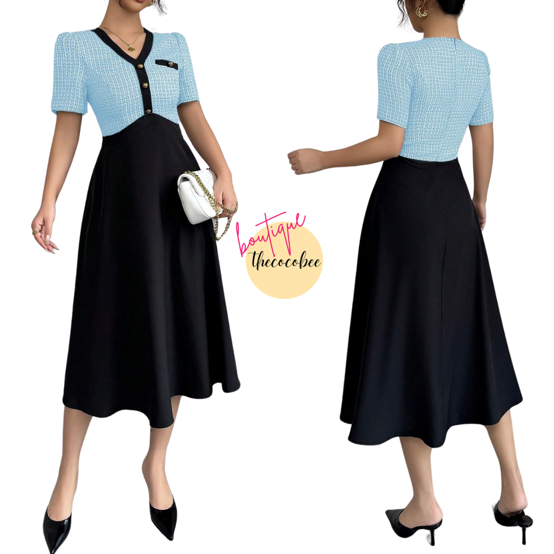 #105 Blue Black And Tweed Patchwork Waisted A-Line Short Sleeve Midi Dress, Elegant Women's Dress
